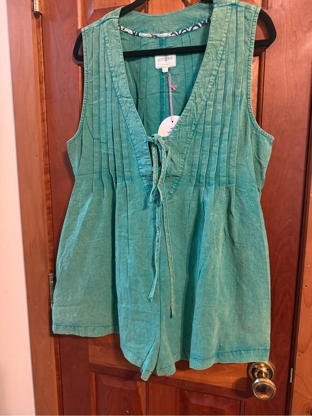 Umgee Green Pintuck Tie-Front Sleeveless Romper